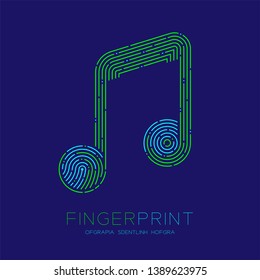 Music note sign pattern Fingerprint scan logo icon dash line, Musician concept, Editable stroke illustration blue and green isolated on blue background with Fingerprint text and space, vector eps10