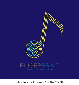 Music note sign pattern Fingerprint scan logo icon dash line, Musician concept, Editable stroke illustration blue and yellow isolated on blue background with Fingerprint text and space, vector eps10