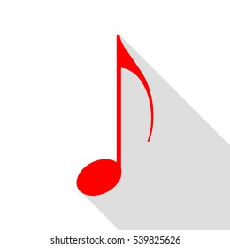 Music note sign. Red icon with flat style shadow path.