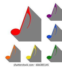 Music note sign. Set of red, orange, yellow, green, blue and violet icons at white background with flat shadow.