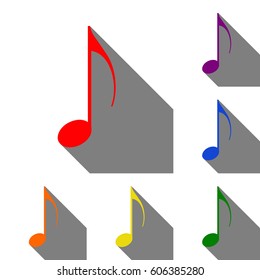 Music note sign. Set of red, orange, yellow, green, blue and violet icons at white background with flat shadow.