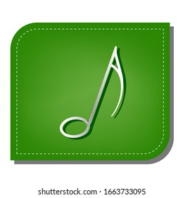 Music note sign. Silver gradient line icon with dark green shadow at ecological patched green leaf. Illustration.