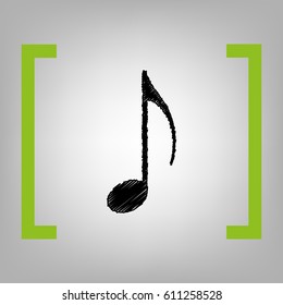 Music note sign. Vector. Black scribble icon in citron brackets on grayish background.