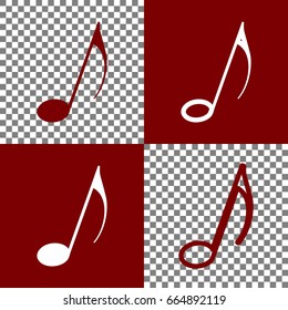 Music note sign. Vector. Bordo and white icons and line icons on chess board with transparent background.