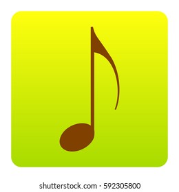 Music note sign. Vector. Brown icon at green-yellow gradient square with rounded corners on white background. Isolated.