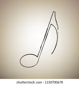Music note sign. Vector. Brush drawed black icon at light brown background.