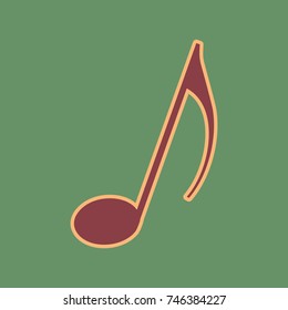 Music note sign. Vector. Cordovan icon and mellow apricot halo with light khaki filled space at russian green background.
