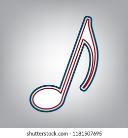 Music note sign. Vector. Dark red, transparent and midnight green stroke of white icon at grayish background.