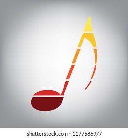 Music note sign. Vector. Horizontally sliced icon with colors from sunny gradient in gray background.