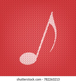 Music note sign. Vector. Knitted white icon on a red knitted background.