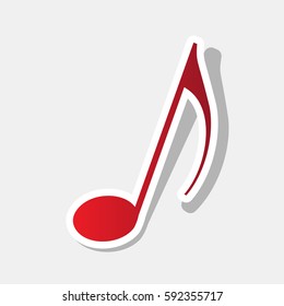 Music note sign. Vector. New year reddish icon with outside stroke and gray shadow on light gray background.