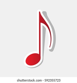 Music note sign. Vector. New year reddish icon with outside stroke and gray shadow on light gray background.