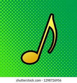 Music note sign. Vector. Pop art orange to yellow dots-gradient icon with black contour at greenish background.