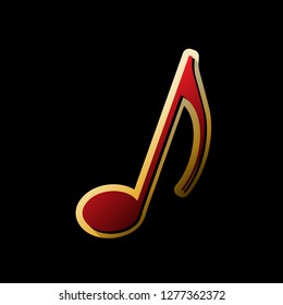 Music note sign. Vector. Red icon with small black and limitless shadows at golden sticker on black background.
