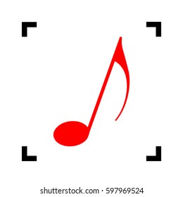 Music note sign. Vector. Red icon inside black focus corners on white background. Isolated.