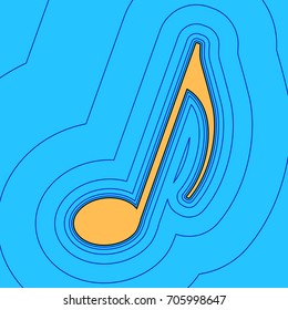 Music note sign. Vector. Sand color icon with black contour and equidistant blue contours like field at sky blue background. Like waves on map - island in ocean or sea.