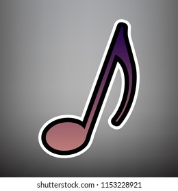 Music note sign. Vector. Violet gradient icon with black and white linear edges at gray background.