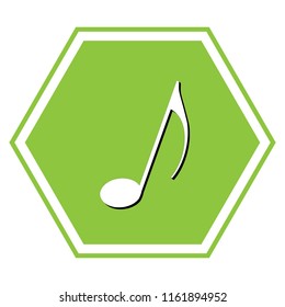 Music note sign. Vector. White icon with black shadow at yellow green honeycomb on white background.