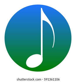 Music note sign. Vector. White icon in bluish circle on white background. Isolated.