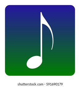 Music note sign. Vector. White icon at green-blue gradient square with rounded corners on white background. Isolated.