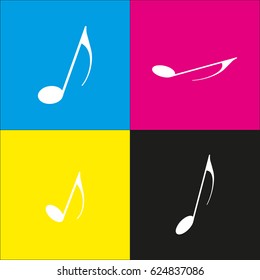 Music note sign. Vector. White icon with isometric projections on cyan, magenta, yellow and black backgrounds.