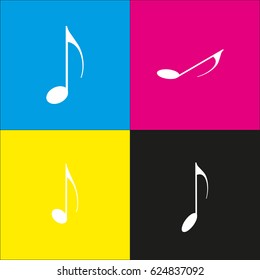 Music note sign. Vector. White icon with isometric projections on cyan, magenta, yellow and black backgrounds.