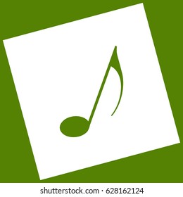 Music note sign. Vector. White icon obtained as a result of subtraction rotated square and path. Avocado background.