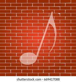 Music note sign. Vector. Whitish icon on brick wall as background.