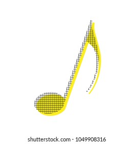 Music note sign. Vector. Yellow icon with square pattern duplicate at white background. Isolated.