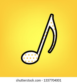 Music note sign. Vector. Yellow polka dot white icon with black contour at warm yellow background.