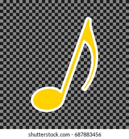 Music note sign. Vector. Yellow icon with white contour on dark transparent background.