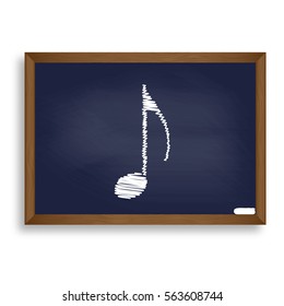 Music note sign. White chalk icon on blue school board with shadow as background. Isolated.