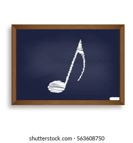 Music note sign. White chalk icon on blue school board with shadow as background. Isolated.