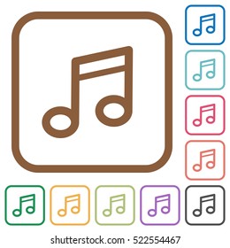 Music note simple icons in color rounded square frames on white background