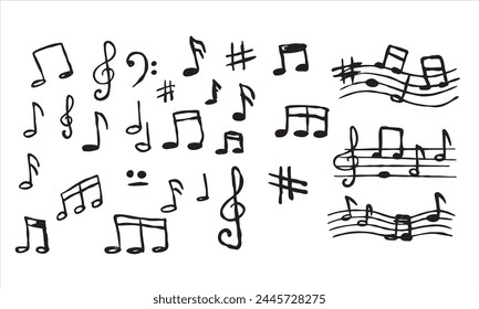 Music note sketch style. Classic musical element collection. Creative drawing sign isolated on white. Doodle melody symbol set