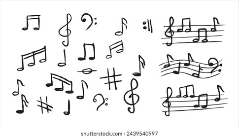 Music note sketch style. Doodle melody symbol set. Creative drawing sign isolated on white. Classic musical element collection