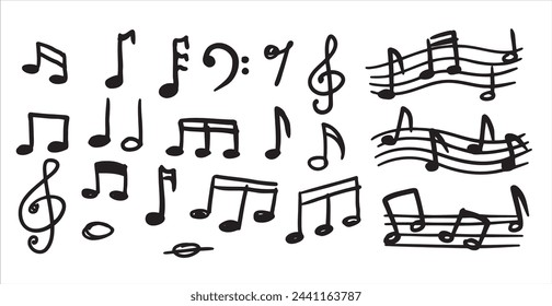 Music note sketch style. Doodle melody symbol set. Classic musical element collection. Creative drawing sign isolated on white