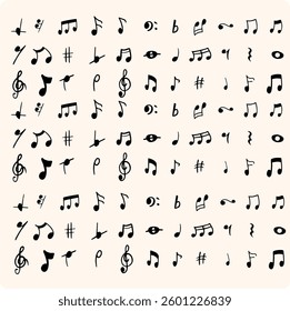 Music note sketch style. Doodle melody symbol set. 