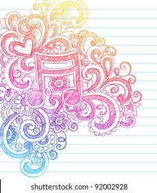 Music Note Sketchy Back to School Doodles with Swirls, Hearts, and Stars Notebook Doodle Vector Illustration Design Elements on Lined Sketchbook Paper Background