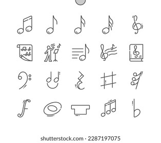 Music note. Song, melody or tune. Treble clef, sixteenth note and other. Semibreve. Pixel Perfect Vector Thin Line Icons. Simple Minimal Pictogram