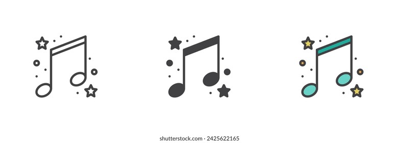 Nota de música y estrellas diferentes conjunto de iconos de estilo. Línea, glifo y contorno relleno versión colorida, contorno y signo de vector relleno. Símbolo, ilustración del logotipo. Gráficos vectoriales