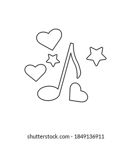 Music note with stars and heart outline icon. Symbol, logo illustration for mobile concept and web design.