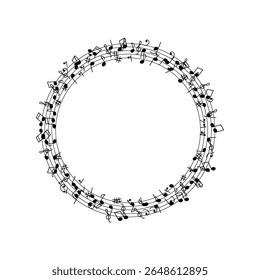 Music Note Swirl and Spiral Collection forming a circular frame, perfect for musical themes, event invitations, artistic designs, or decorative elements