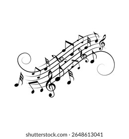Music Note Swirl and Spiral Collection forming a dynamic flowing design, perfect for musical themes, event invitations, artistic designs, or decorative elements