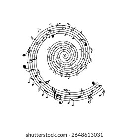 Music note swirl and spiral design forming a captivating vortex, perfect for musical compositions, event promotions, artistic backgrounds, or decorative elements.
