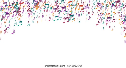 Music note symbols vector backdrop. Symphony notation signs burst. Disco music pattern. Funky note symbols elements with flat. Birthday card background.