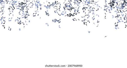 Music note symbols vector backdrop. Audio recording signs swirling. Pop music pattern. Retro note symbols silhouettes with bass clef. Banner background.