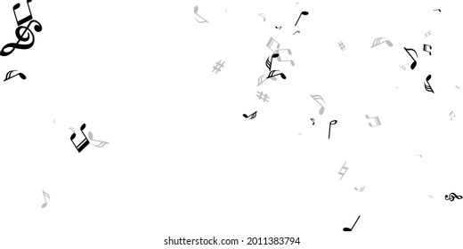 Music note symbols vector background. Song notation signs swirling. Party music wallpaper. Creative note symbols silhouettes with pause. Birthday card graphic design.