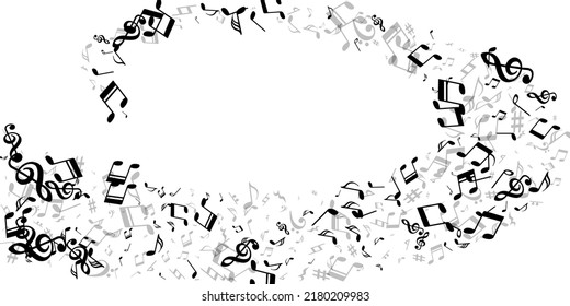 Music note symbols vector background. Song notation elements explosion. Disco music illustration. Retro note symbols silhouettes with pause. Album cover background.