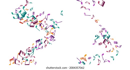 Diseño vectorial de símbolos de notas musicales. Elementos de notación de canción girando. Papel tapiz musical del festival. Símbolos de notas creativas, siluetas con bajo color. Pancarta de fondo del concierto.